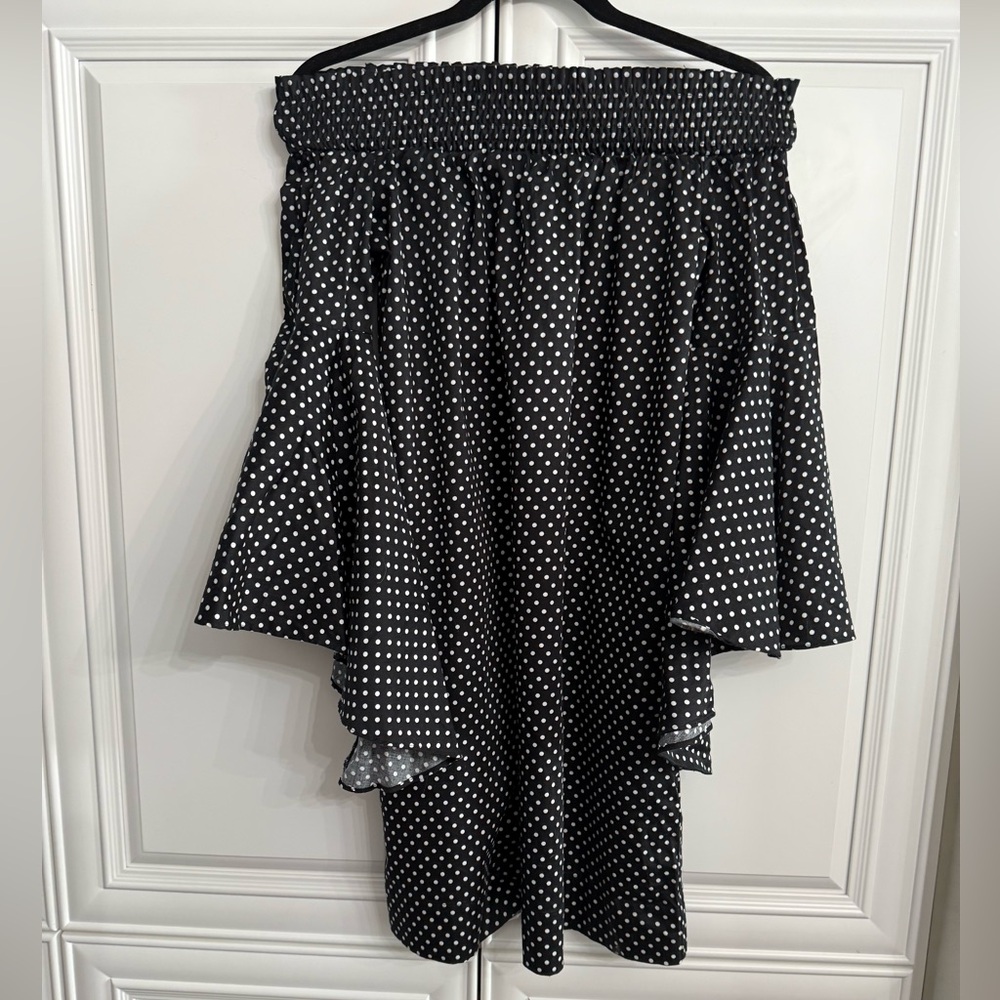 NY & Co Small Off the Shoulder Black + White Polka Dot Dress with Bell Sleeves